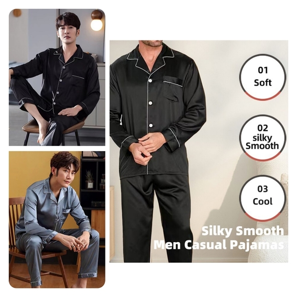 Men's silky pajamas 2 piece set, blue size 2XL but runs small so fits like XL - Picture 4 of 6